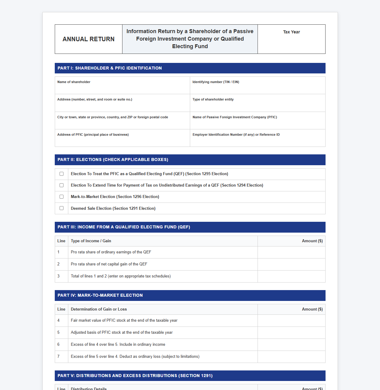 Corporate PFIC Annual Return Template