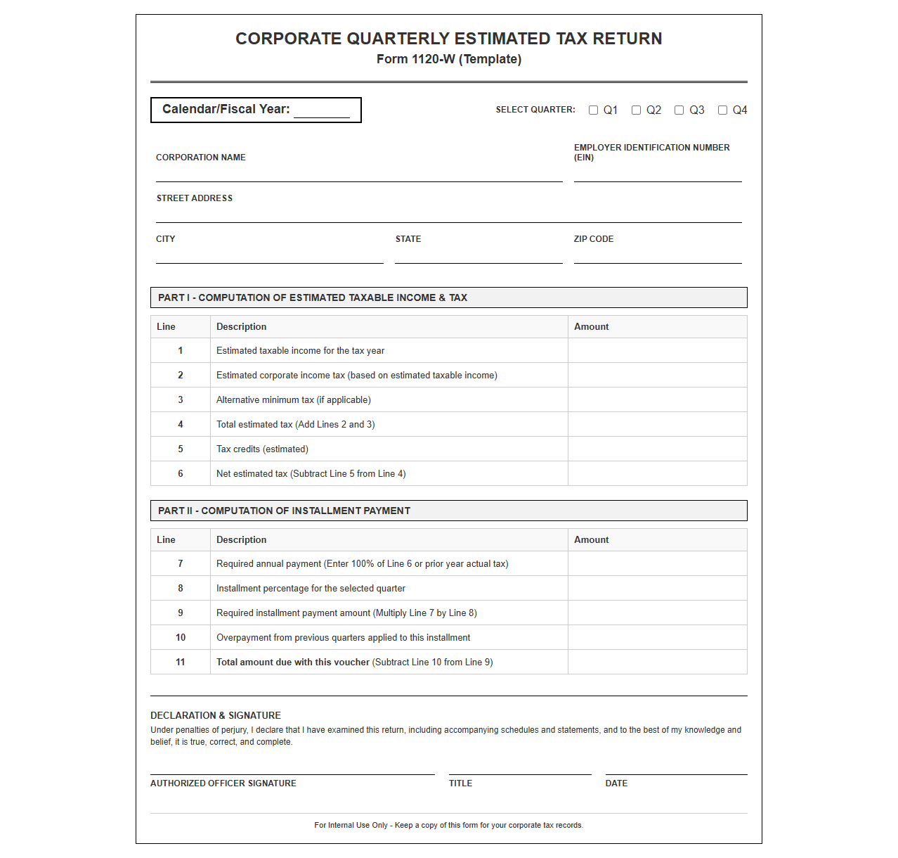 Corporate Quarterly Estimated Tax Return Filing Template