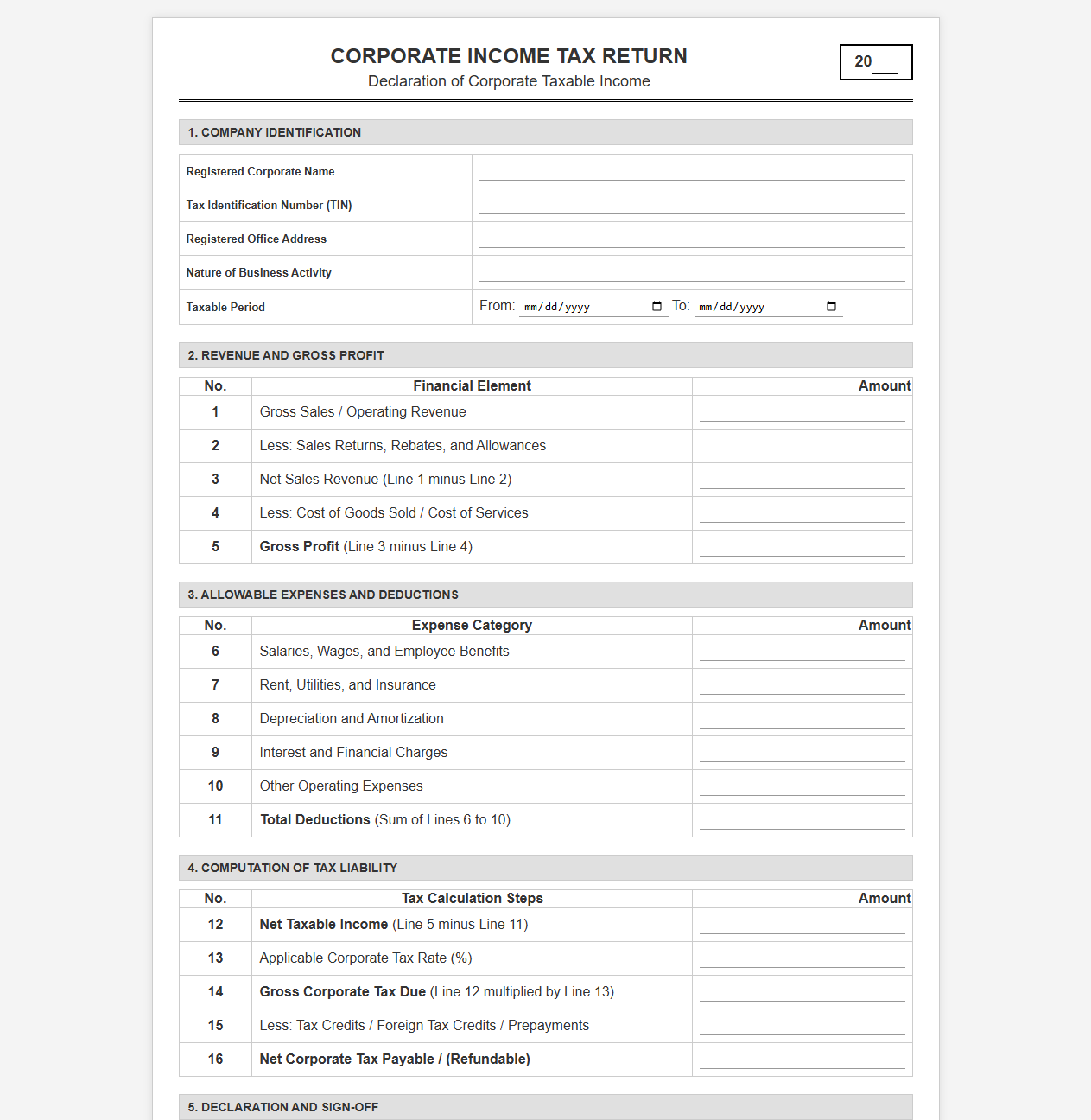 Corporate Tax Declaration Template