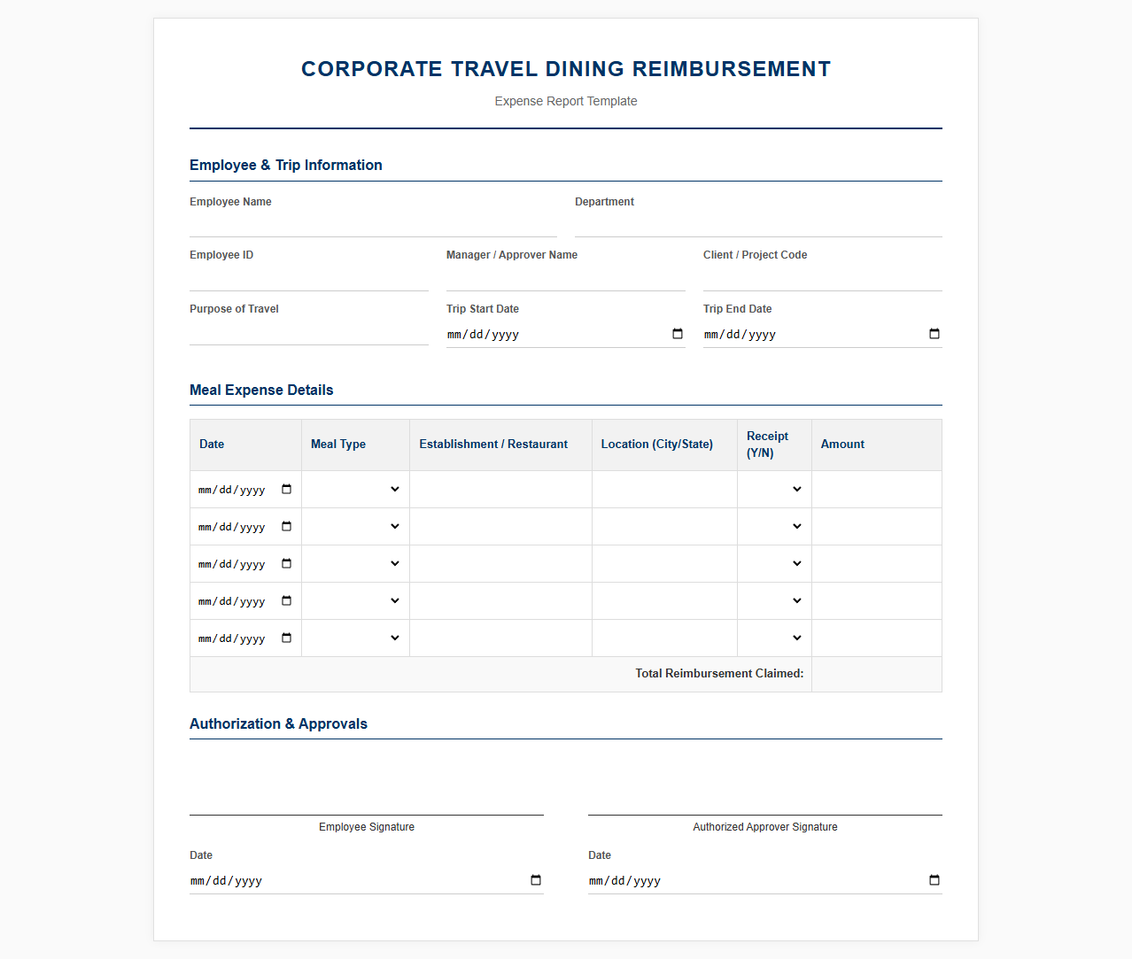 Corporate Travel Dining Reimbursement Form