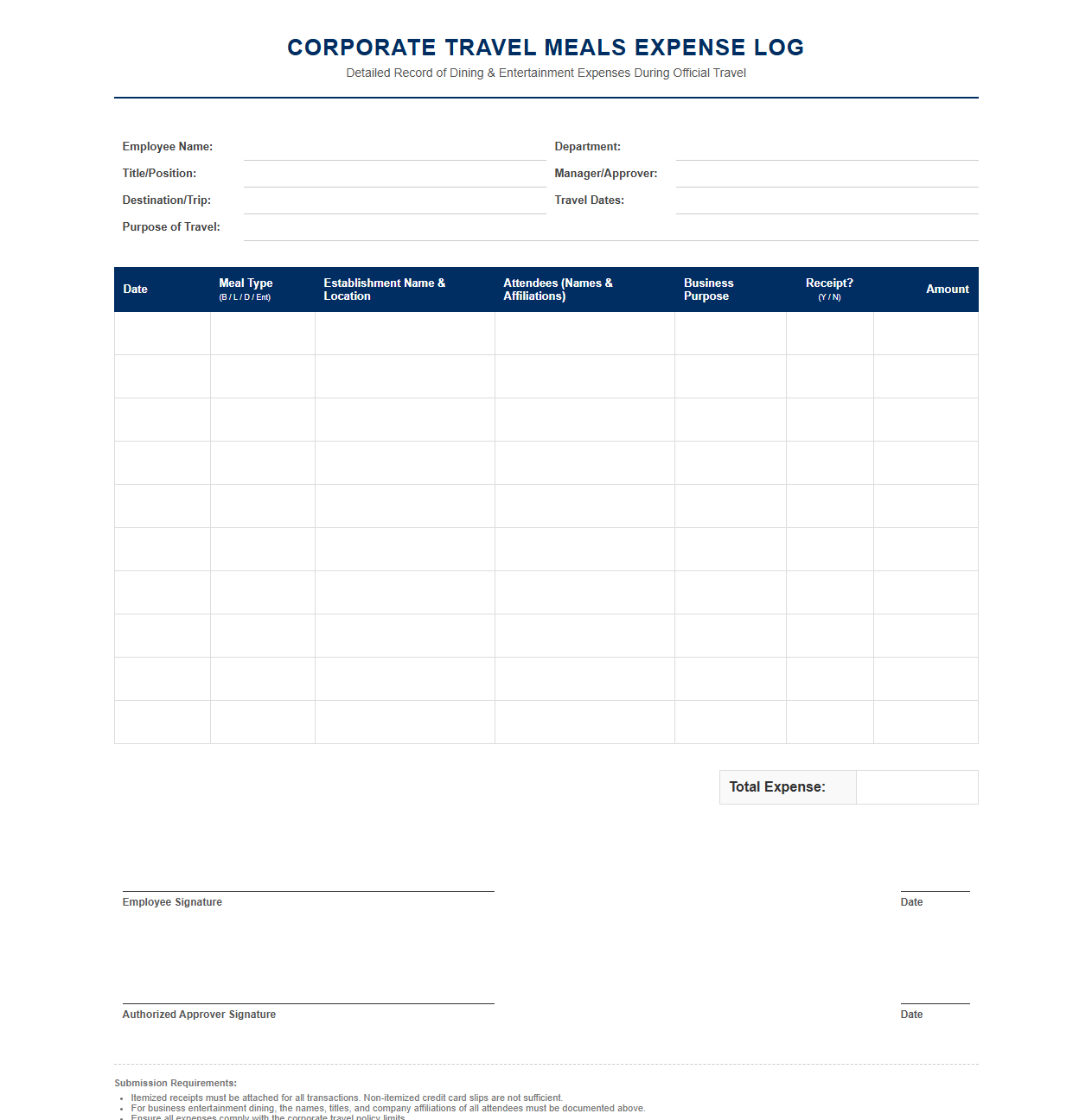 Corporate Travel Meals Expense Log