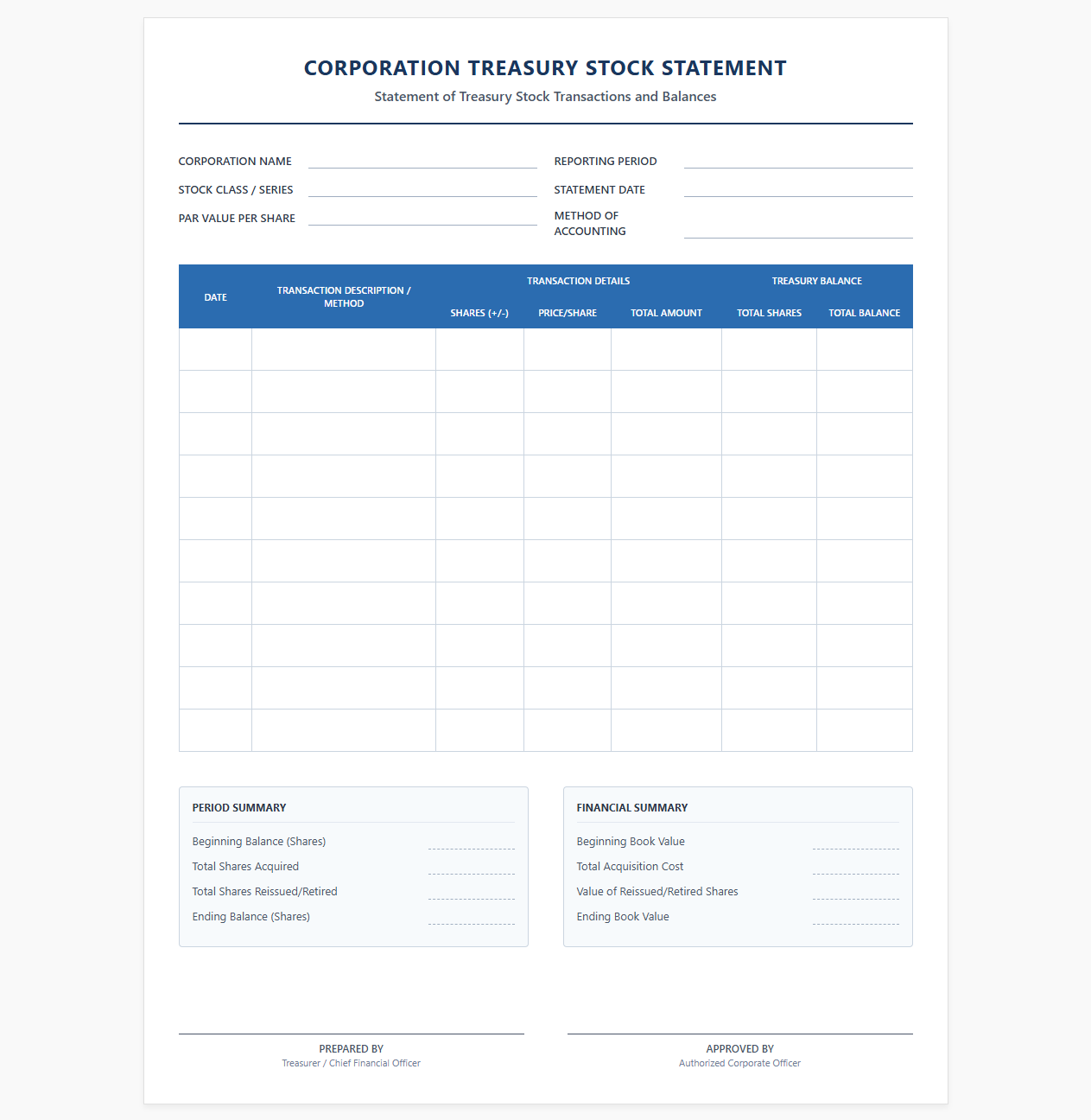 Corporation Treasury Stock Statement Sheet
