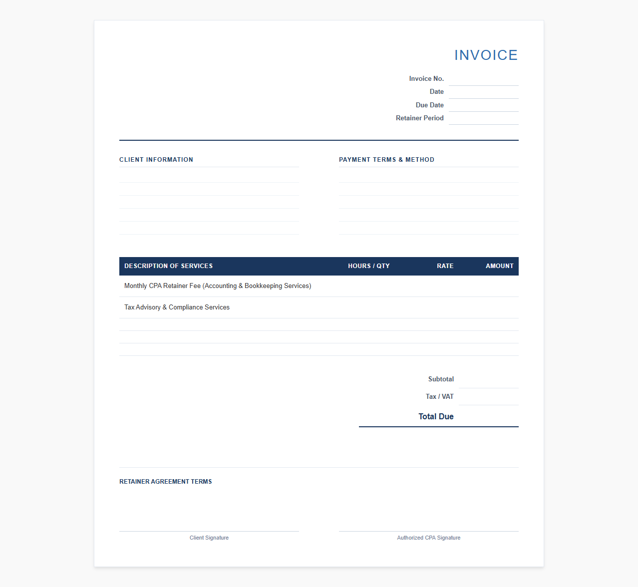 CPA Monthly Retainer Invoice Template