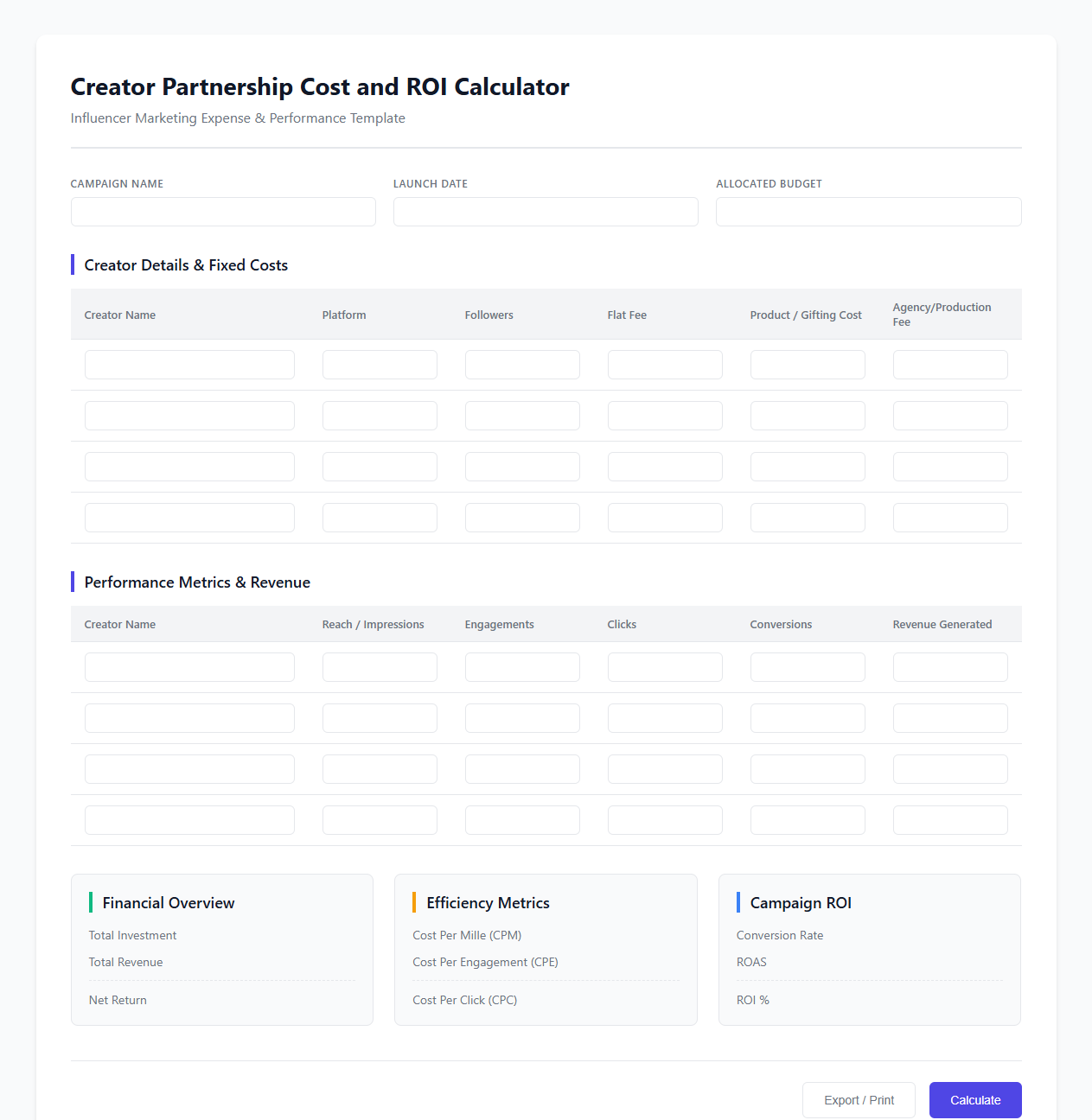Creator Partnership Cost and ROI Calculator