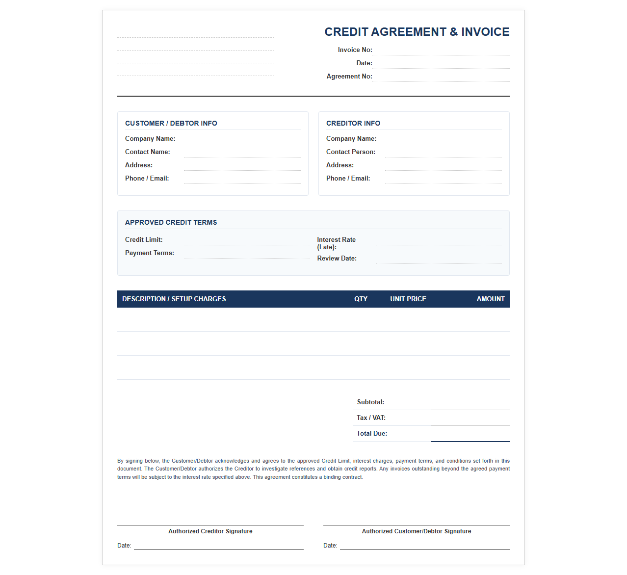 Credit Limit and Terms Agreement Invoice