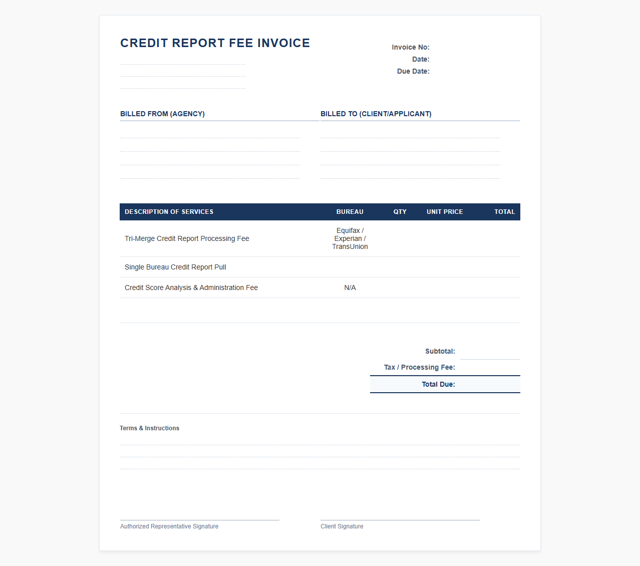 Credit Report Processing Fee Invoice