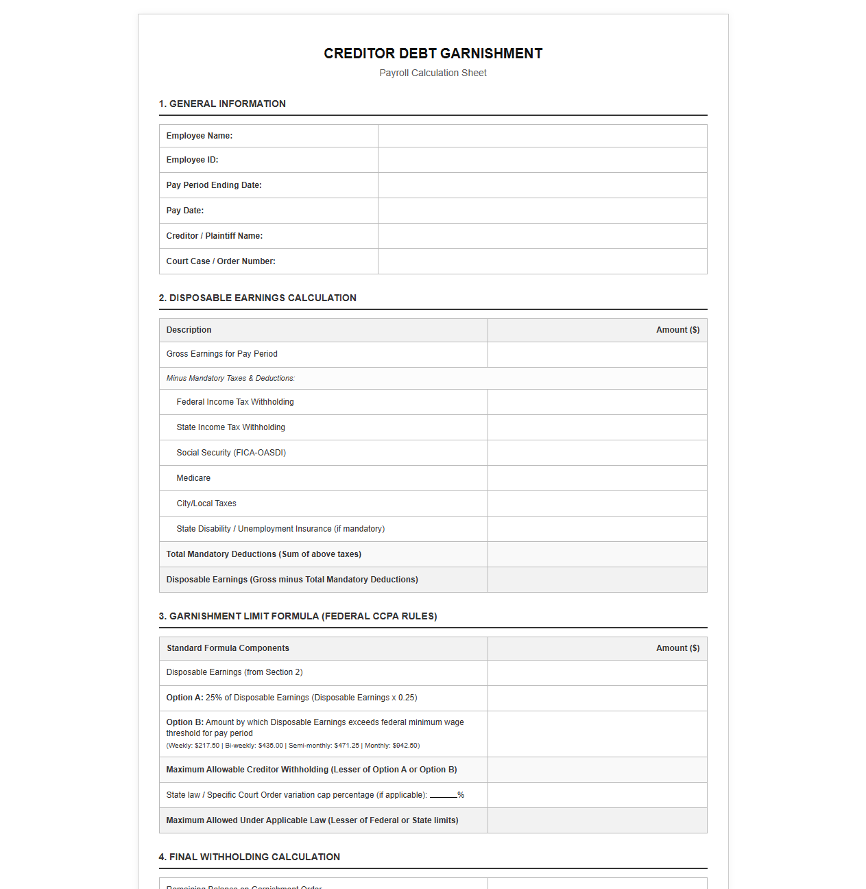 Creditor Debt Garnishment Payroll Calculation Sheet