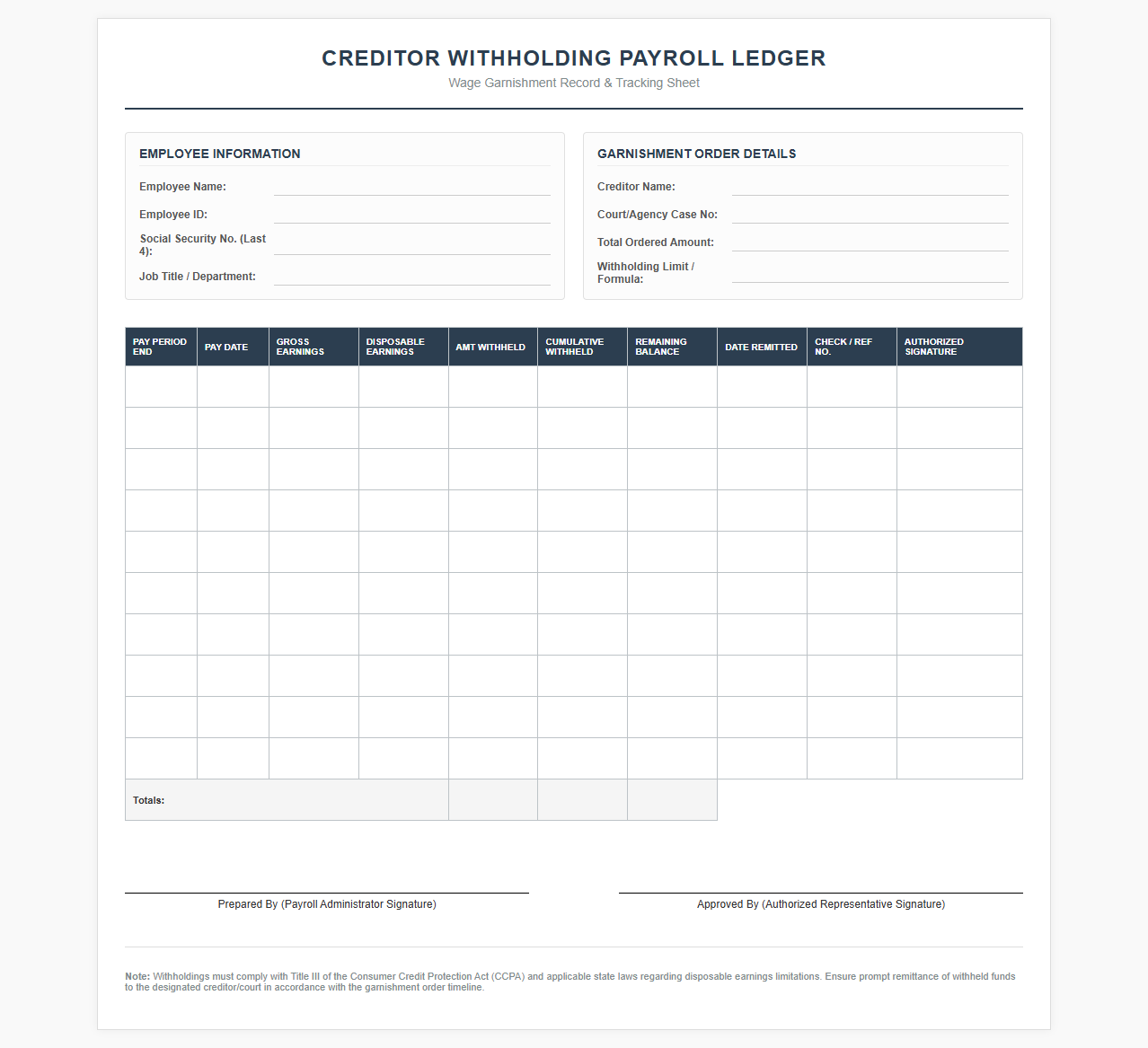 Creditor Withholding Payroll Ledger