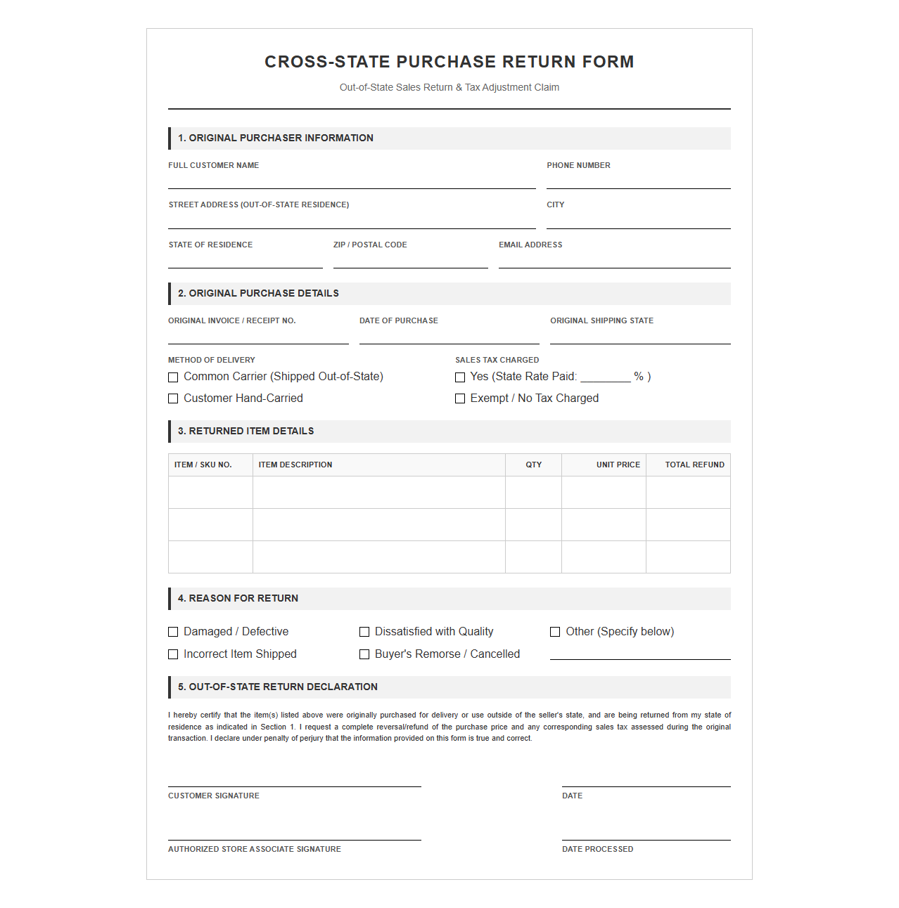 Cross-State Purchase Return Form
