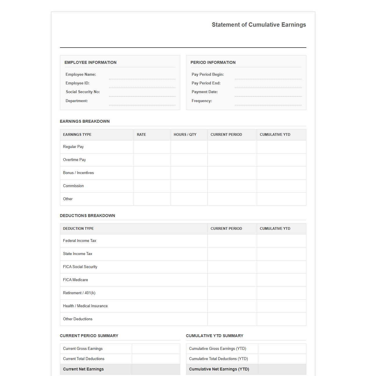 Cumulative Net and Gross Earnings Template