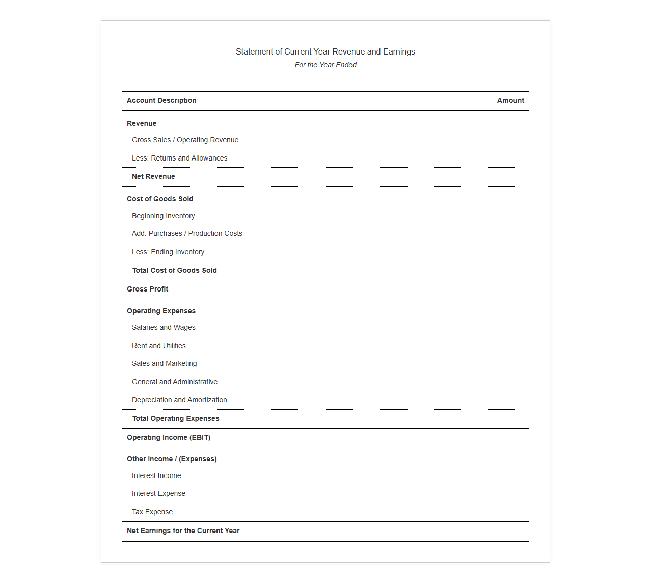 Current Year Revenue and Earnings Template