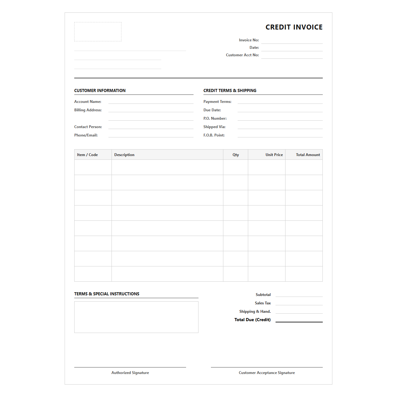 Customer Account Credit Purchase Invoice