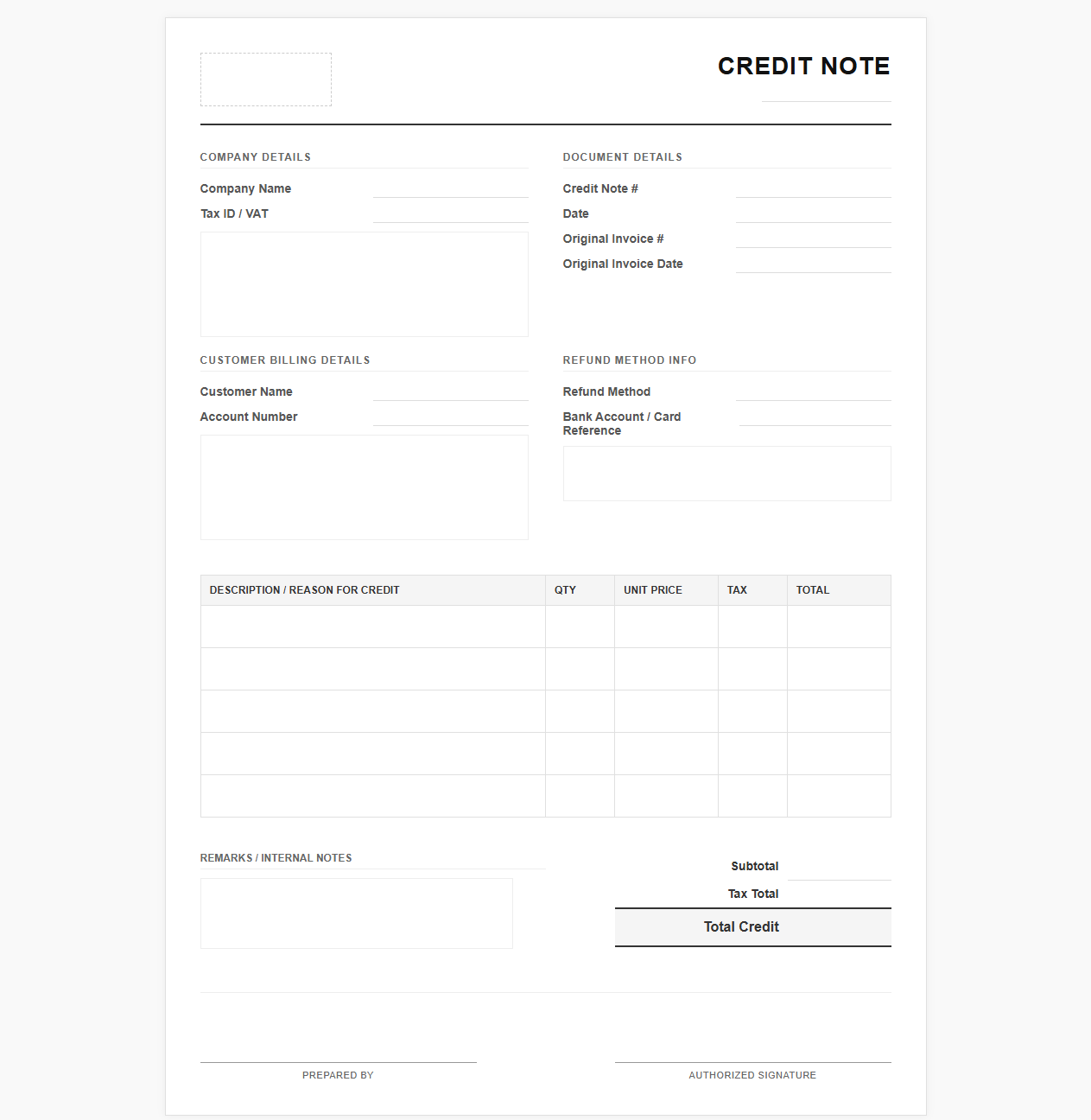 Customer Refund and Credit Invoice Layout
