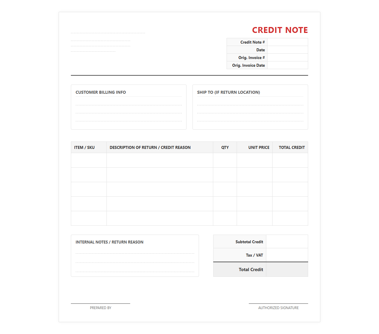 Customer Return Credit Note Billing Template