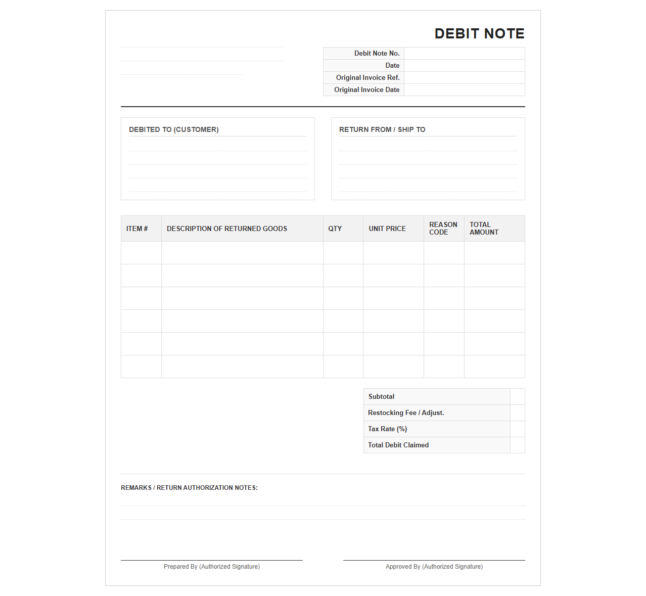Customer Return Debit Billing Template