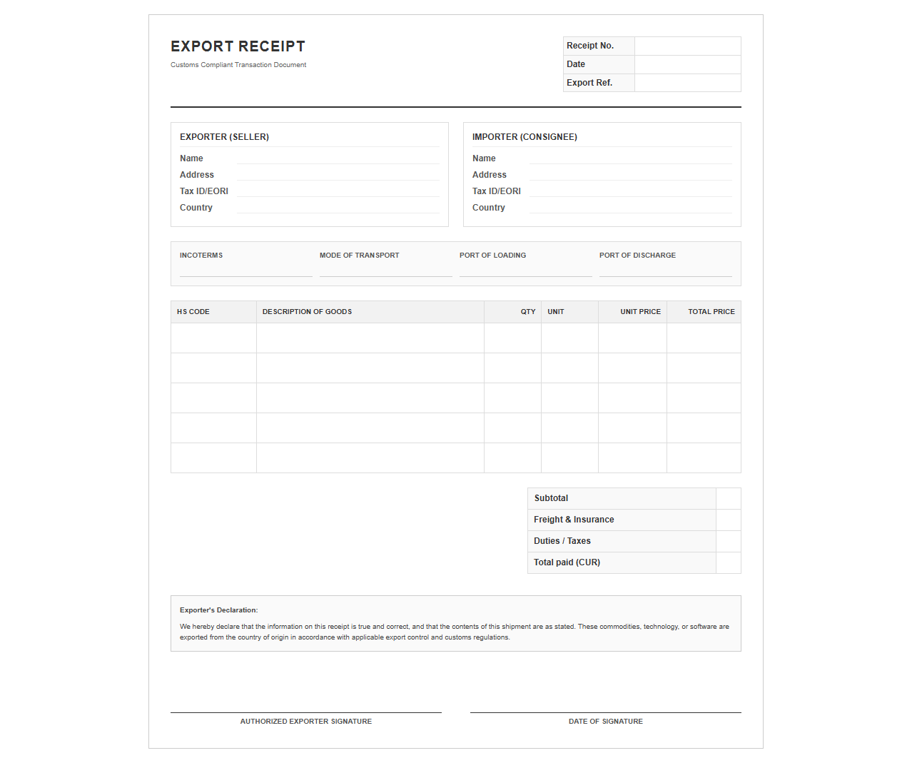 Customs Compliant Export Transaction Receipt