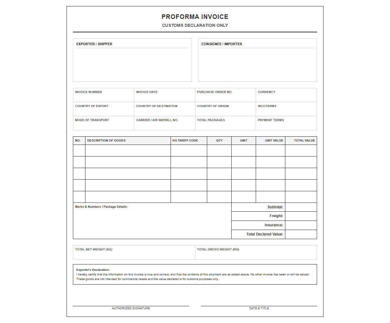 Customs Declaration Proforma Invoice Format