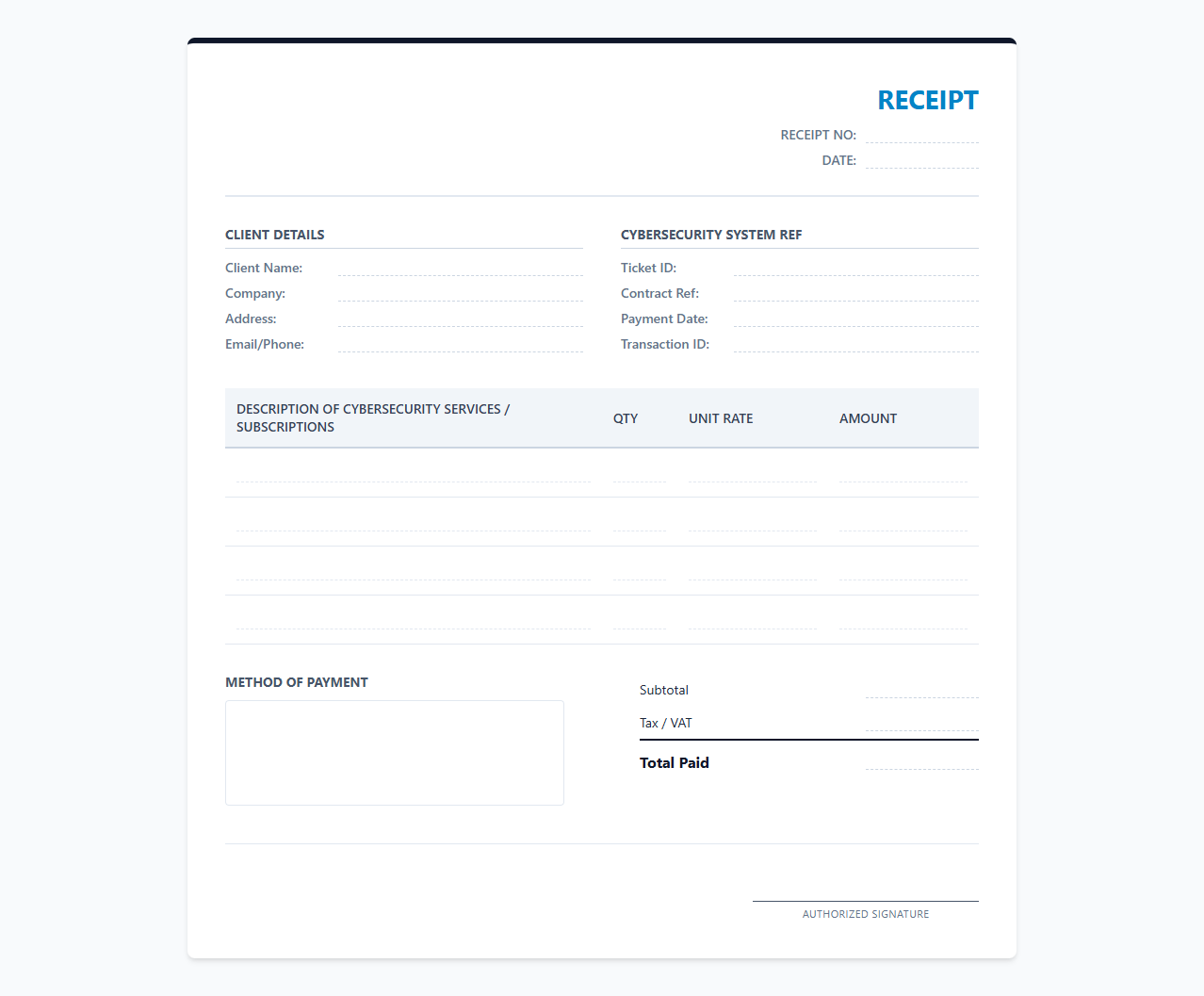 Cybersecurity Service Billing Receipt Template