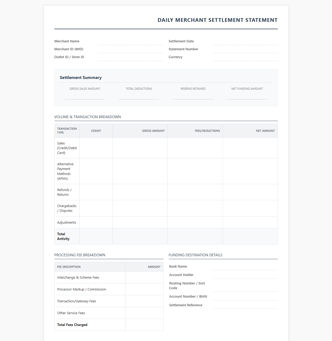 Daily Merchant Settlement Statement Template