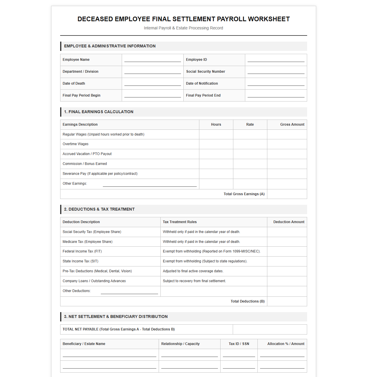 Deceased Employee Final Settlement Payroll Worksheet