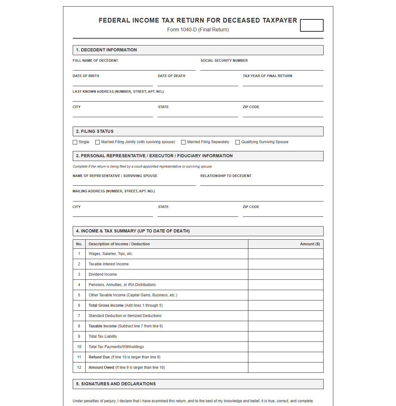Decedent Final Income Tax Return Template