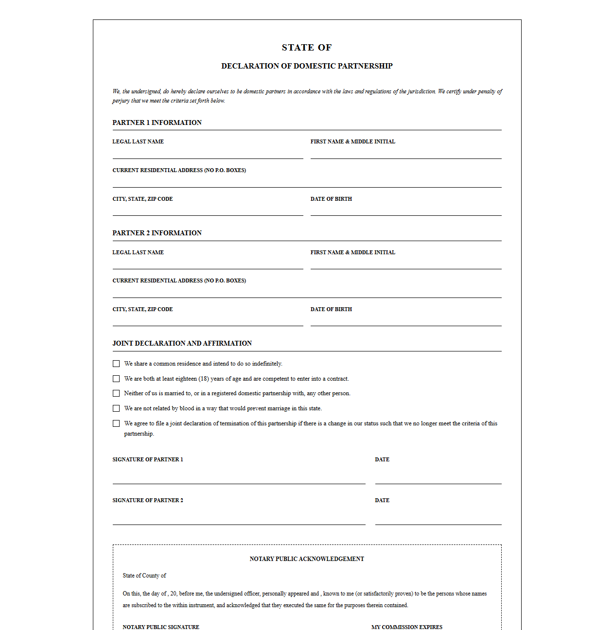 Declaration of Domestic Partnership Return Template