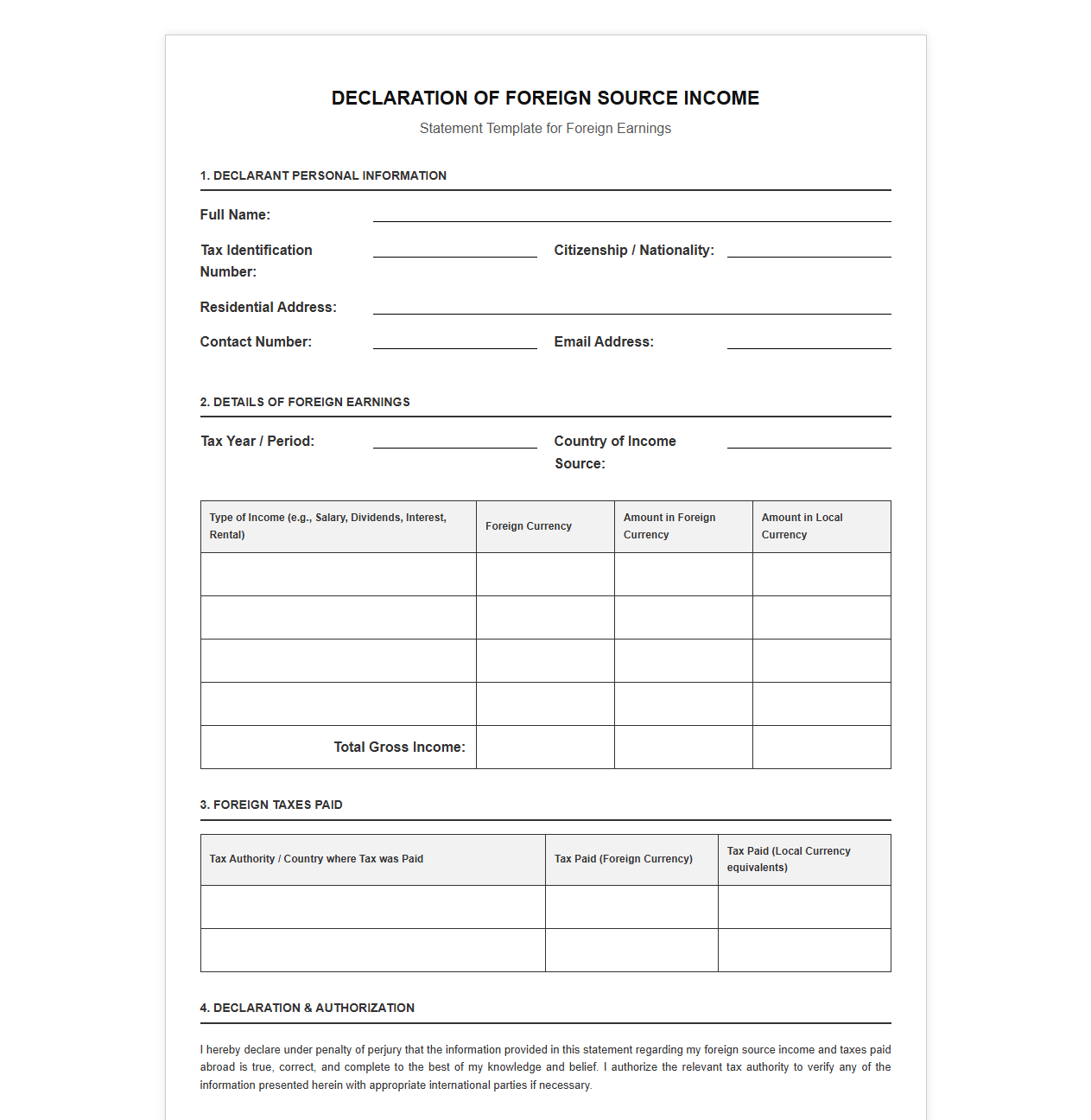 Declaration of Foreign Source Income Form