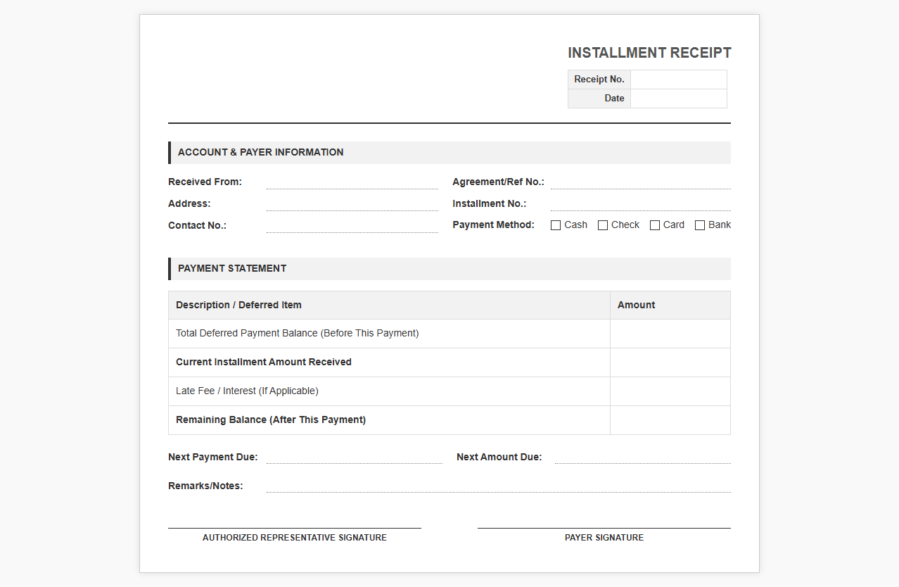Deferred Payment Installment Receipt Template