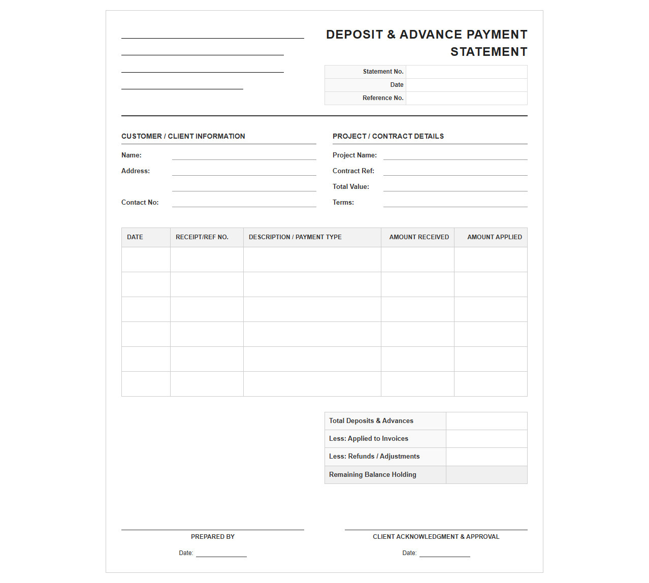 Deposit and Advance Payment Statement Form