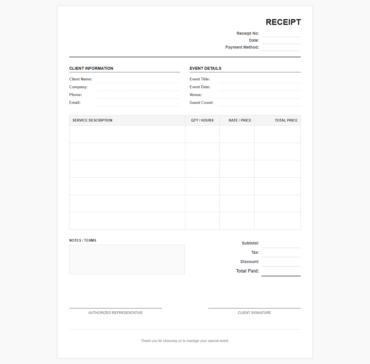 Detailed Event Management Service Receipt