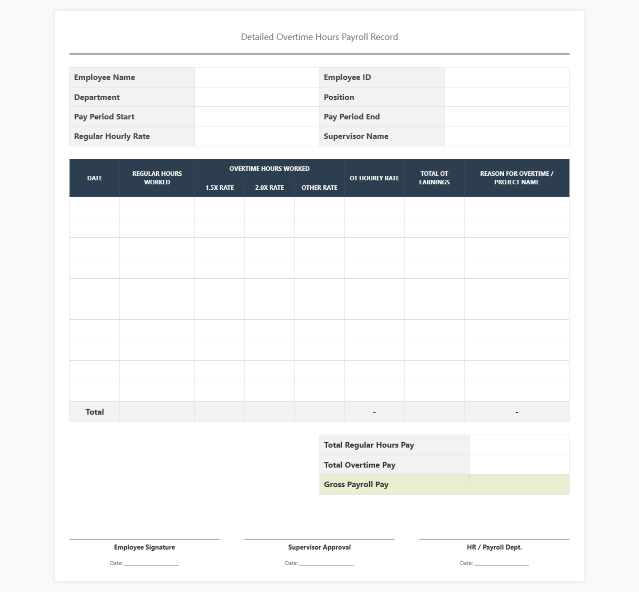 Detailed Overtime Hours Payroll Record
