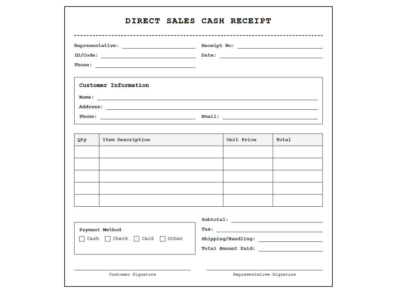 Direct Sales Cash Receipt Template
