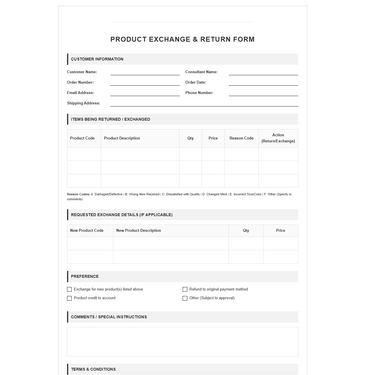 Direct Sales Product Exchange and Return Template