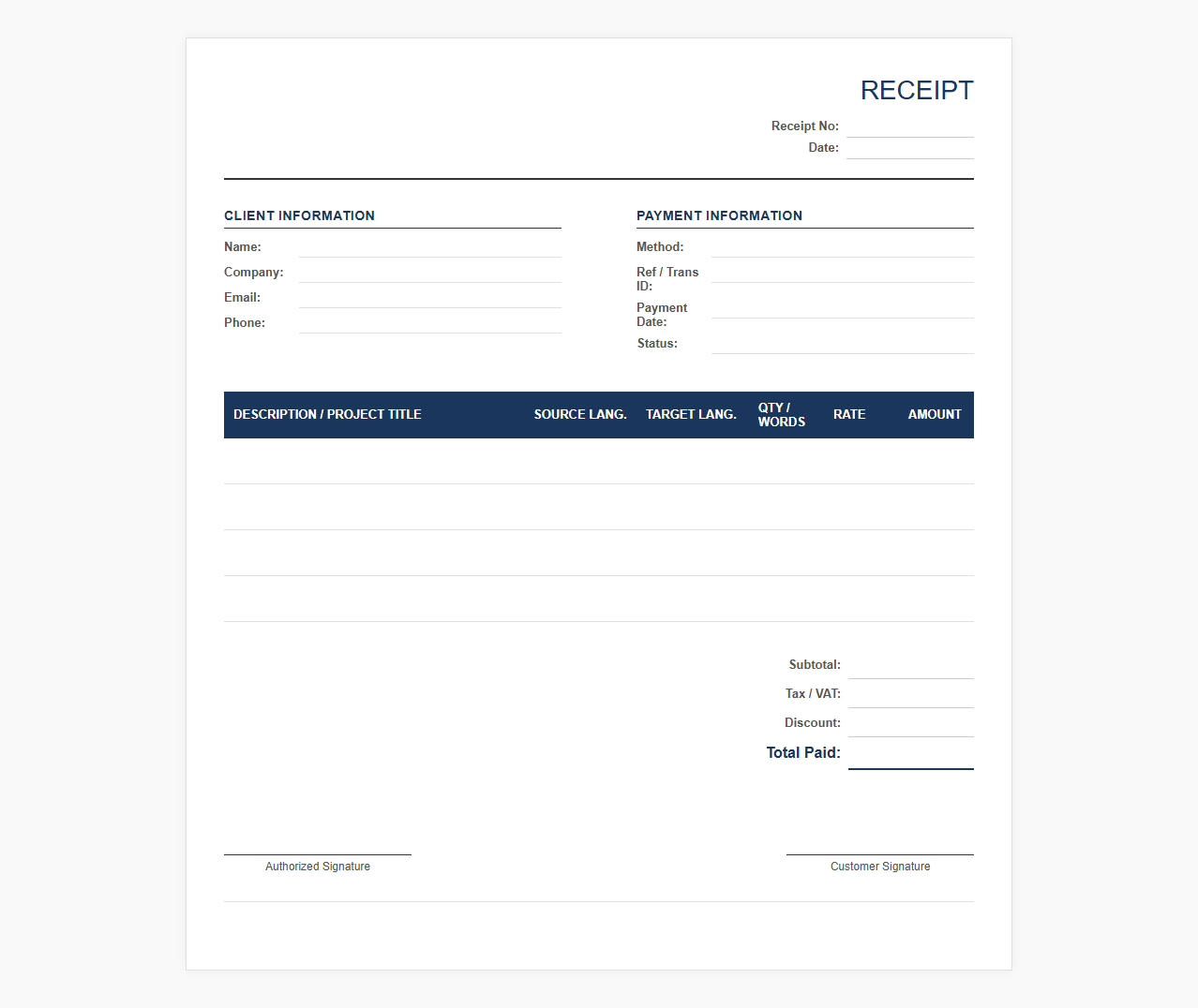 Document Translation Service Receipt Template