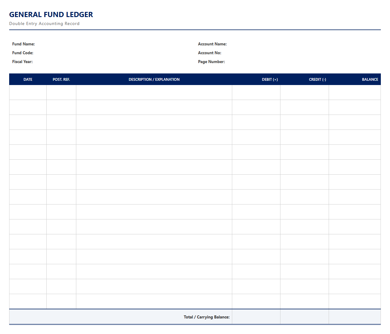 Double Entry Ledger Template for General Funds