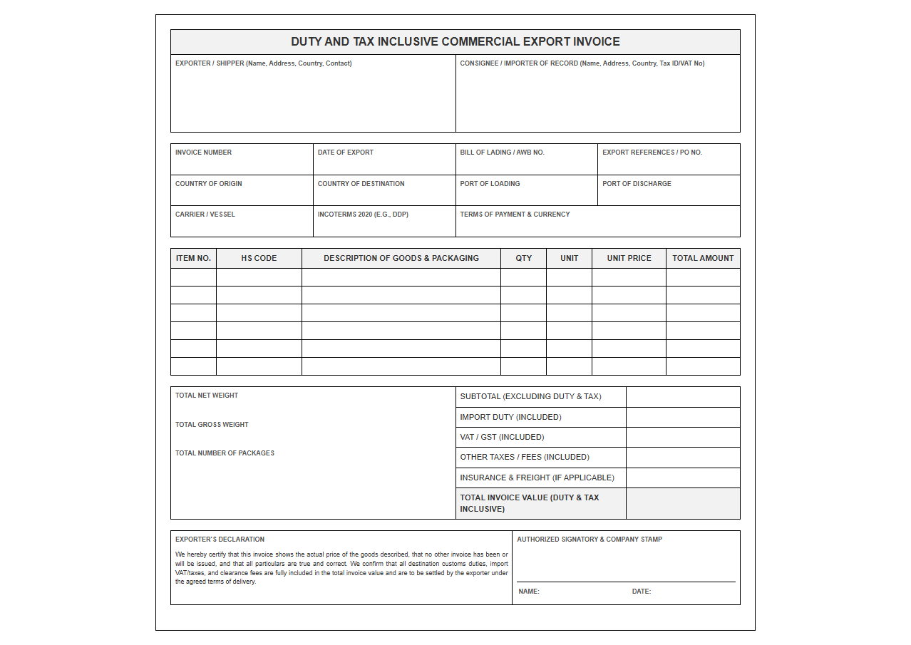 Duty and Tax Inclusive Export Commercial Invoice