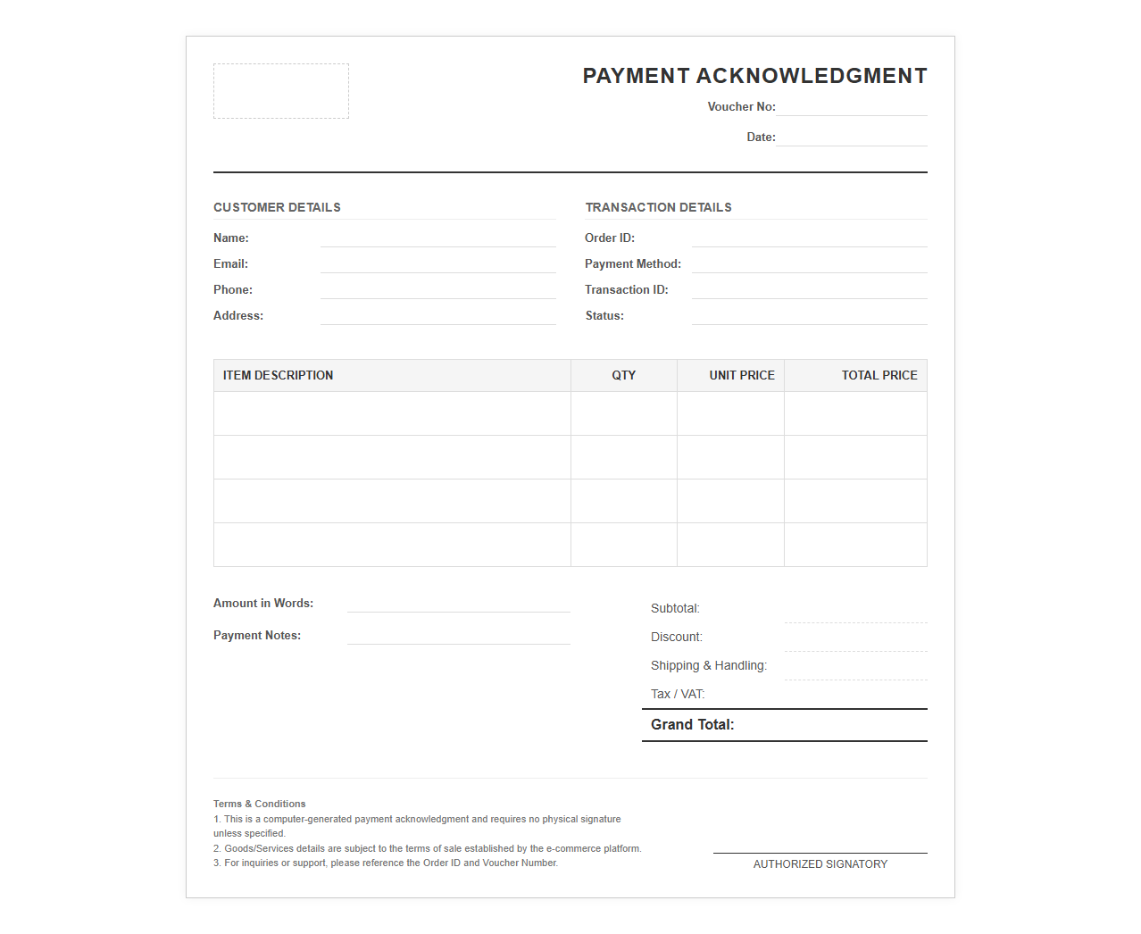 E-Shop Payment Acknowledgment Voucher
