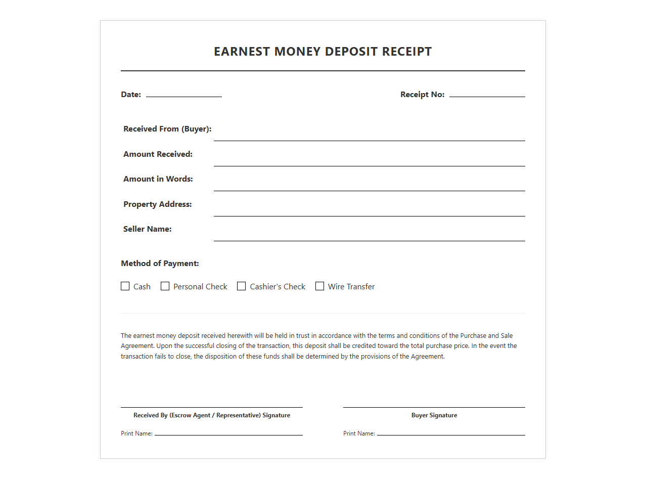 Earnest Money Deposit Receipt Template
