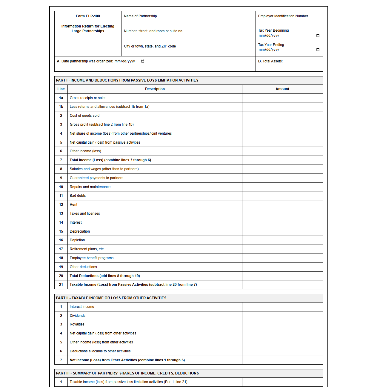 Electing Large Partnership Information Return Template