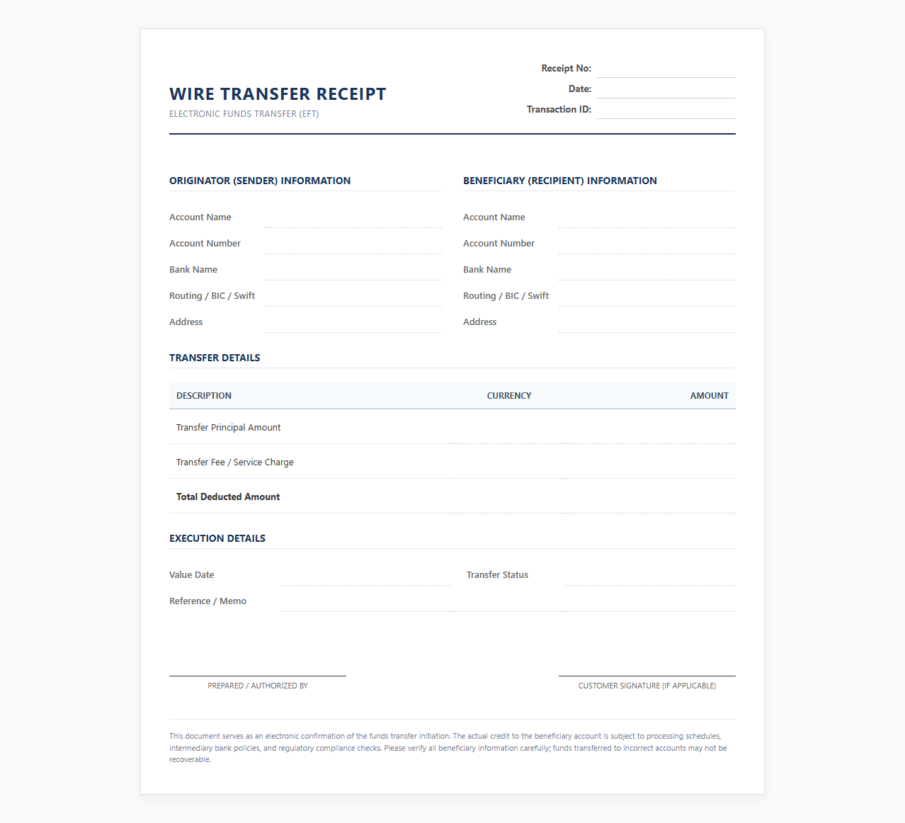 Electronic Funds Transfer Receipt Template