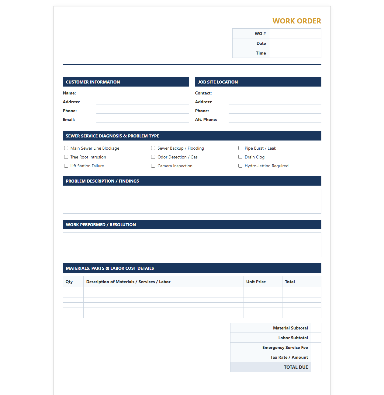 Emergency Sewer Service Work Order