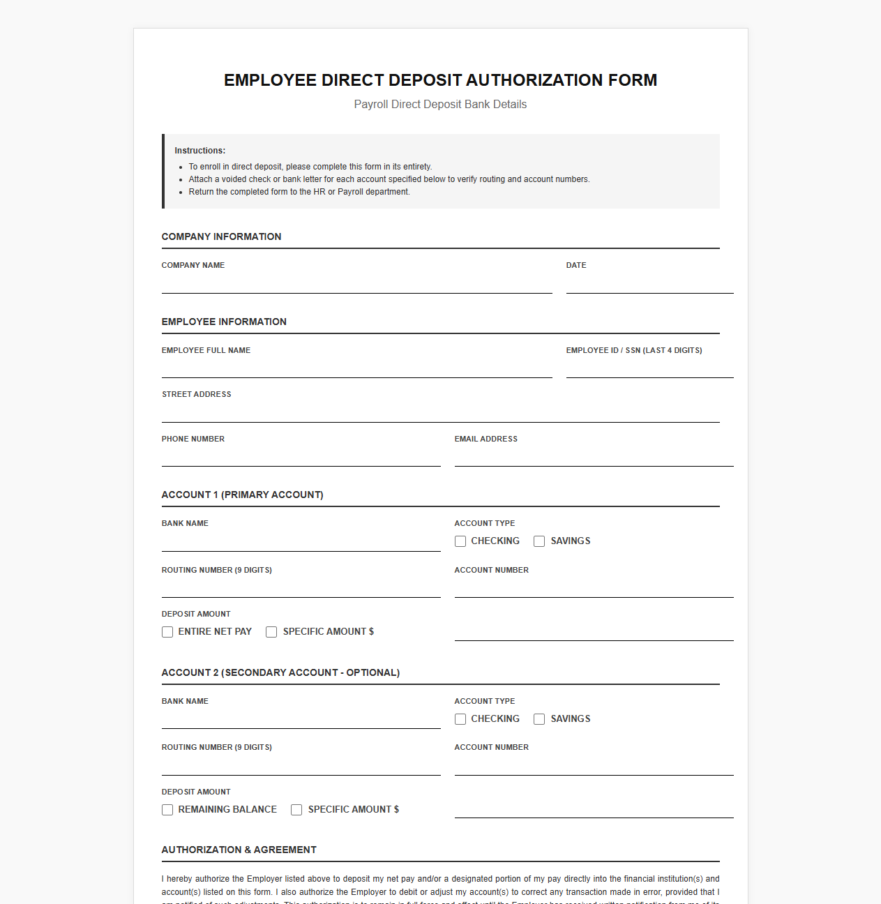 Employee Direct Deposit Enrollment Template