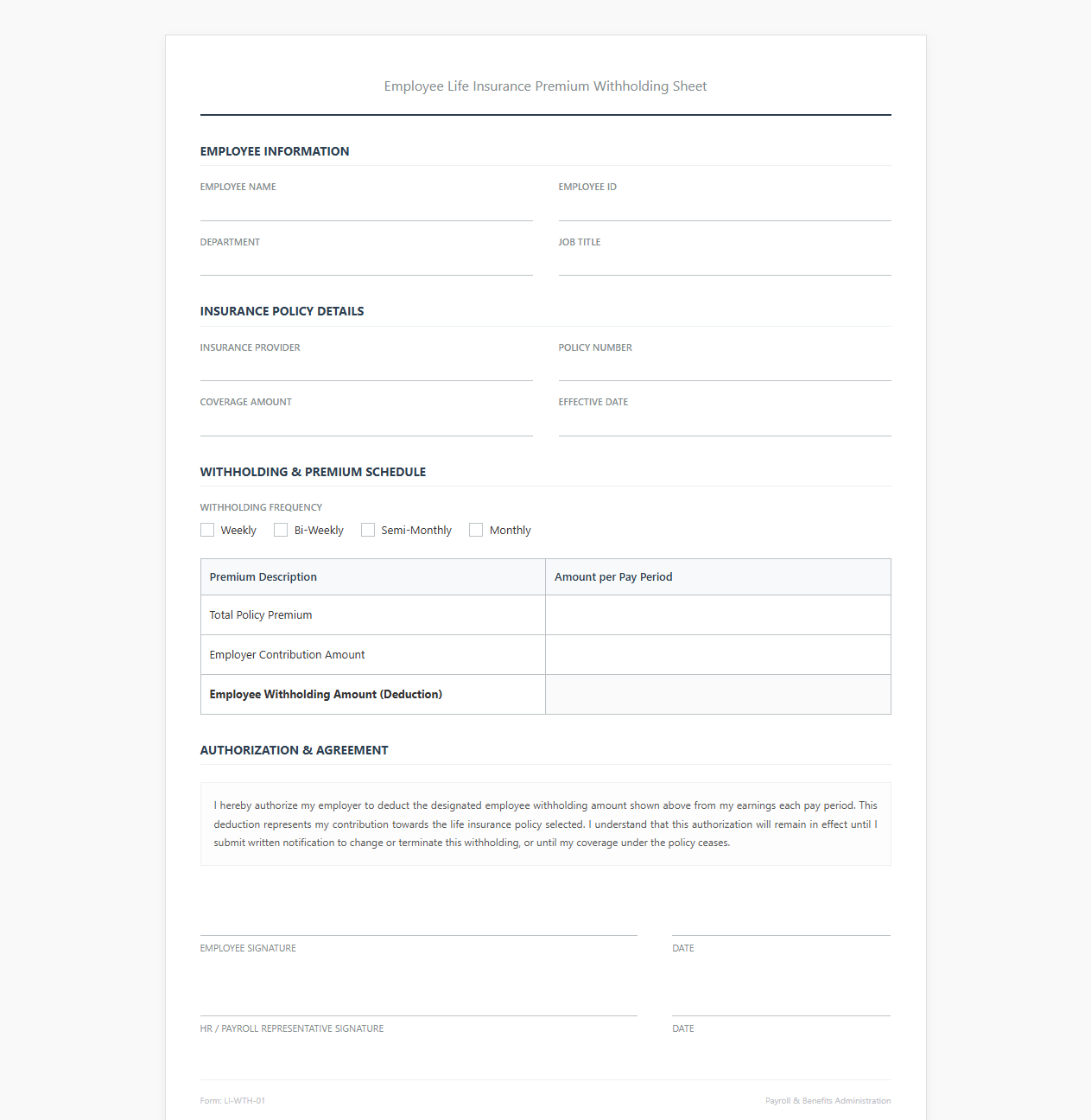 Employee Life Insurance Premium Withholding Sheet