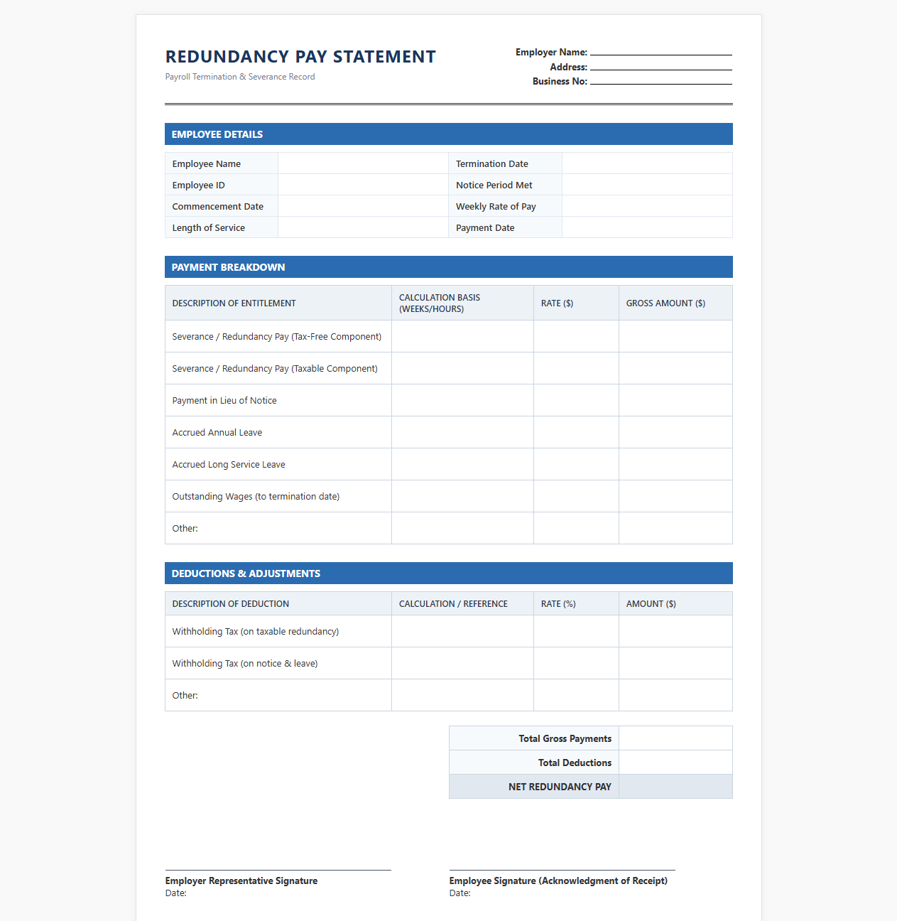 Employee Redundancy Package Payroll Template