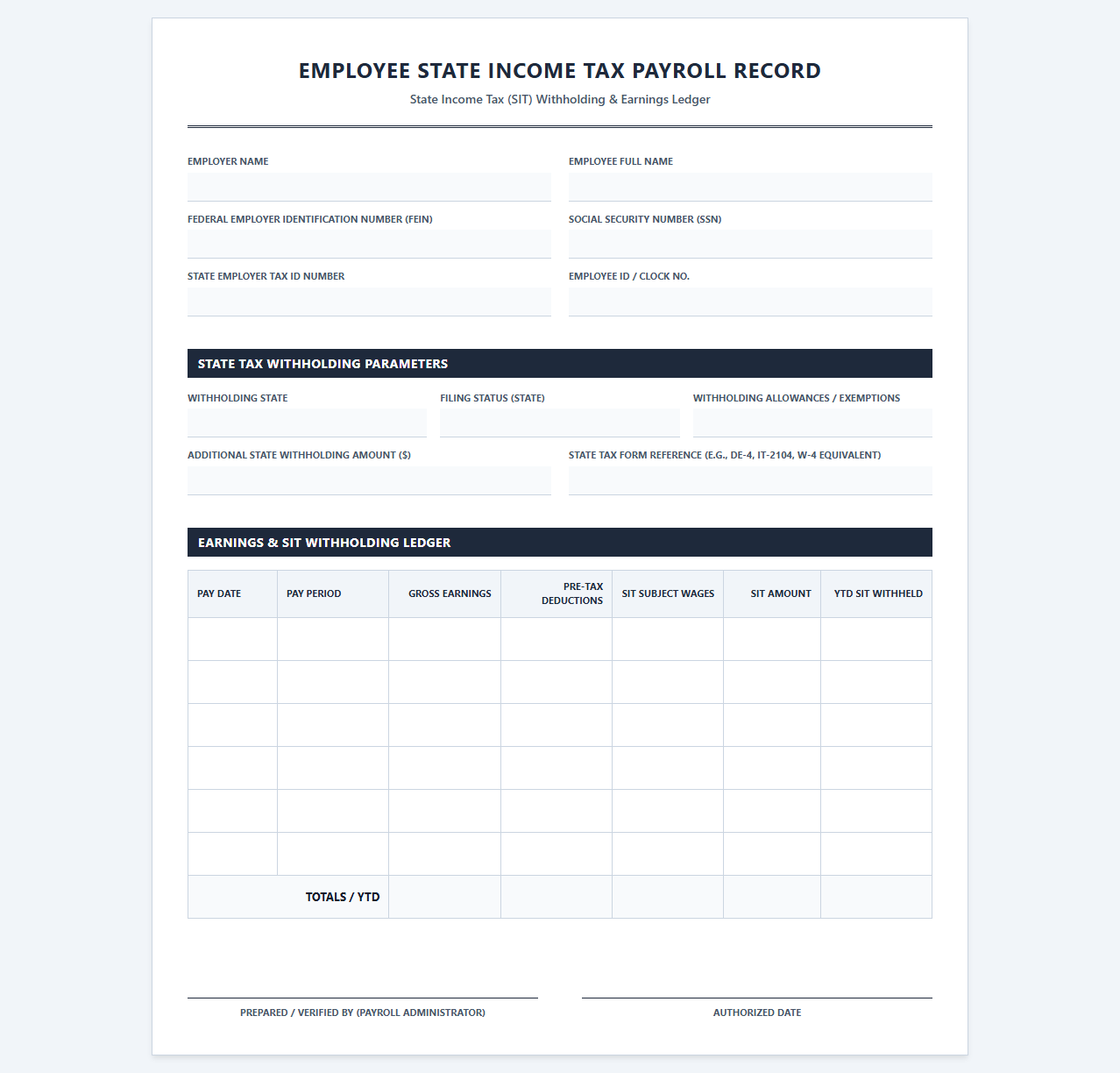 Employee State Income Tax Payroll Record