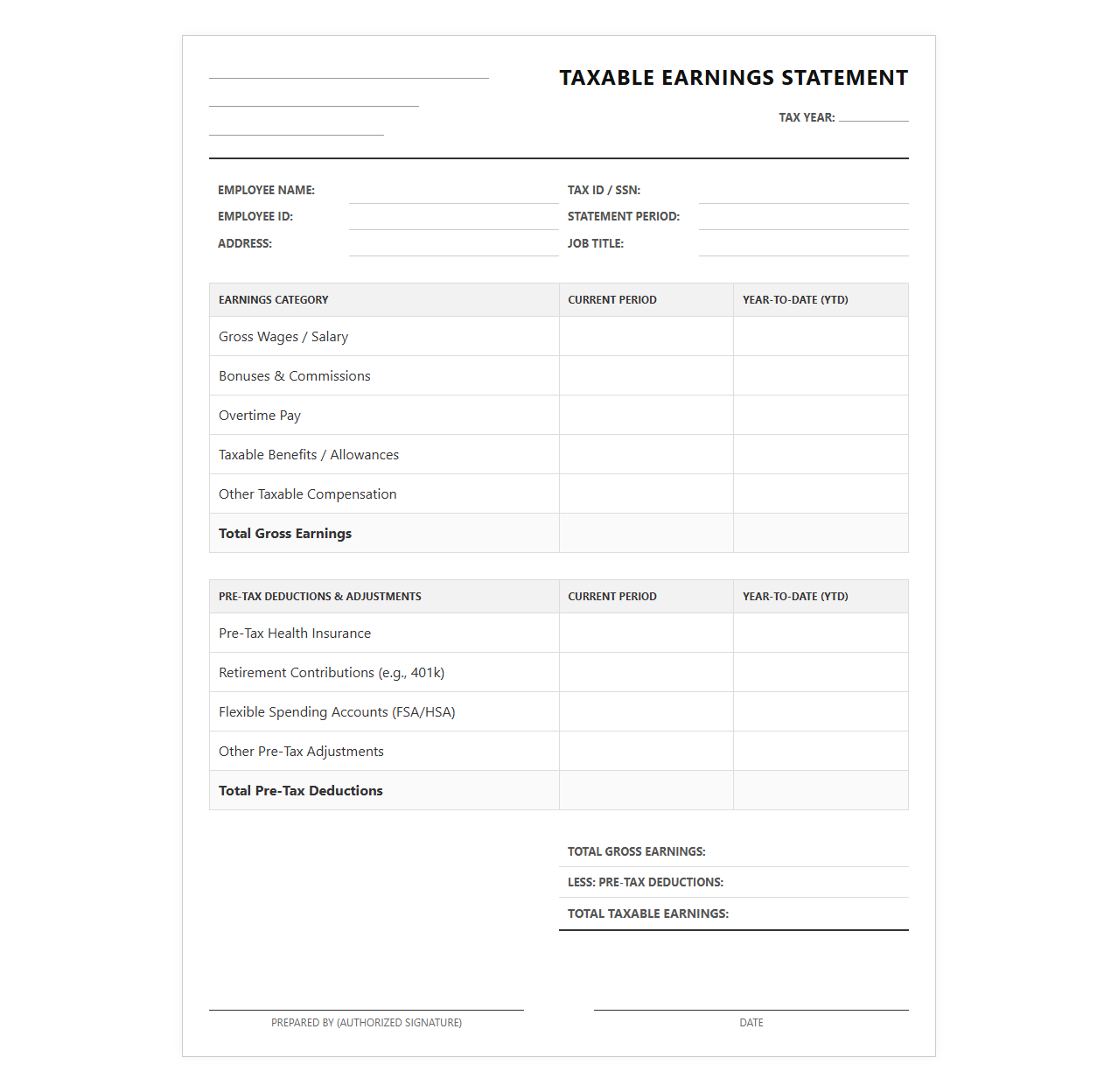 Employee Taxable Earnings Statement Template