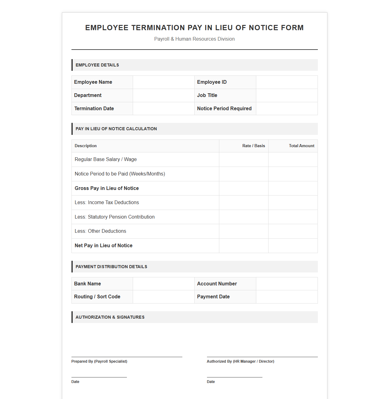 Employee Termination Pay in Lieu of Notice Form