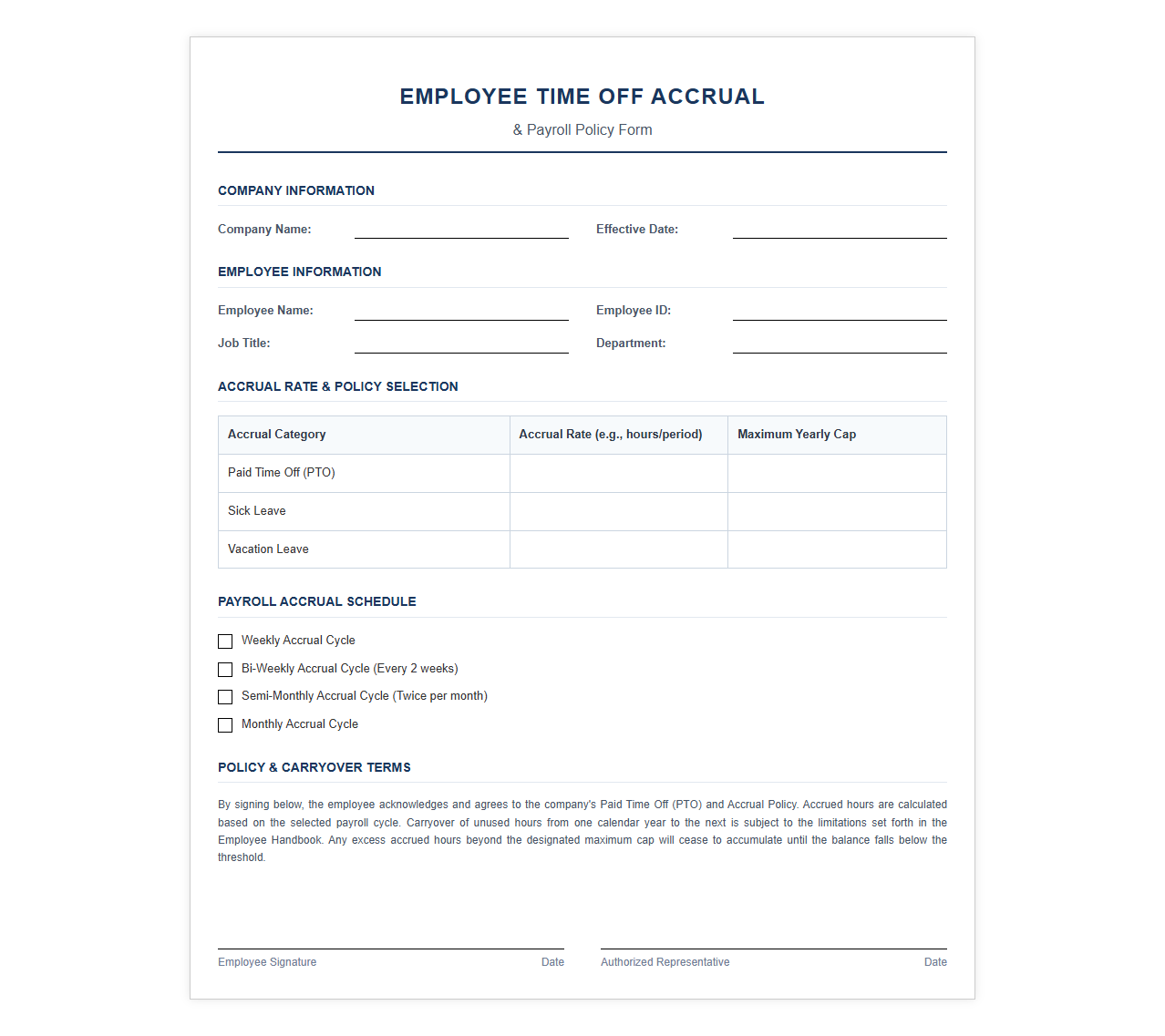 Employee Time Off Accrual and Payroll Policy Form