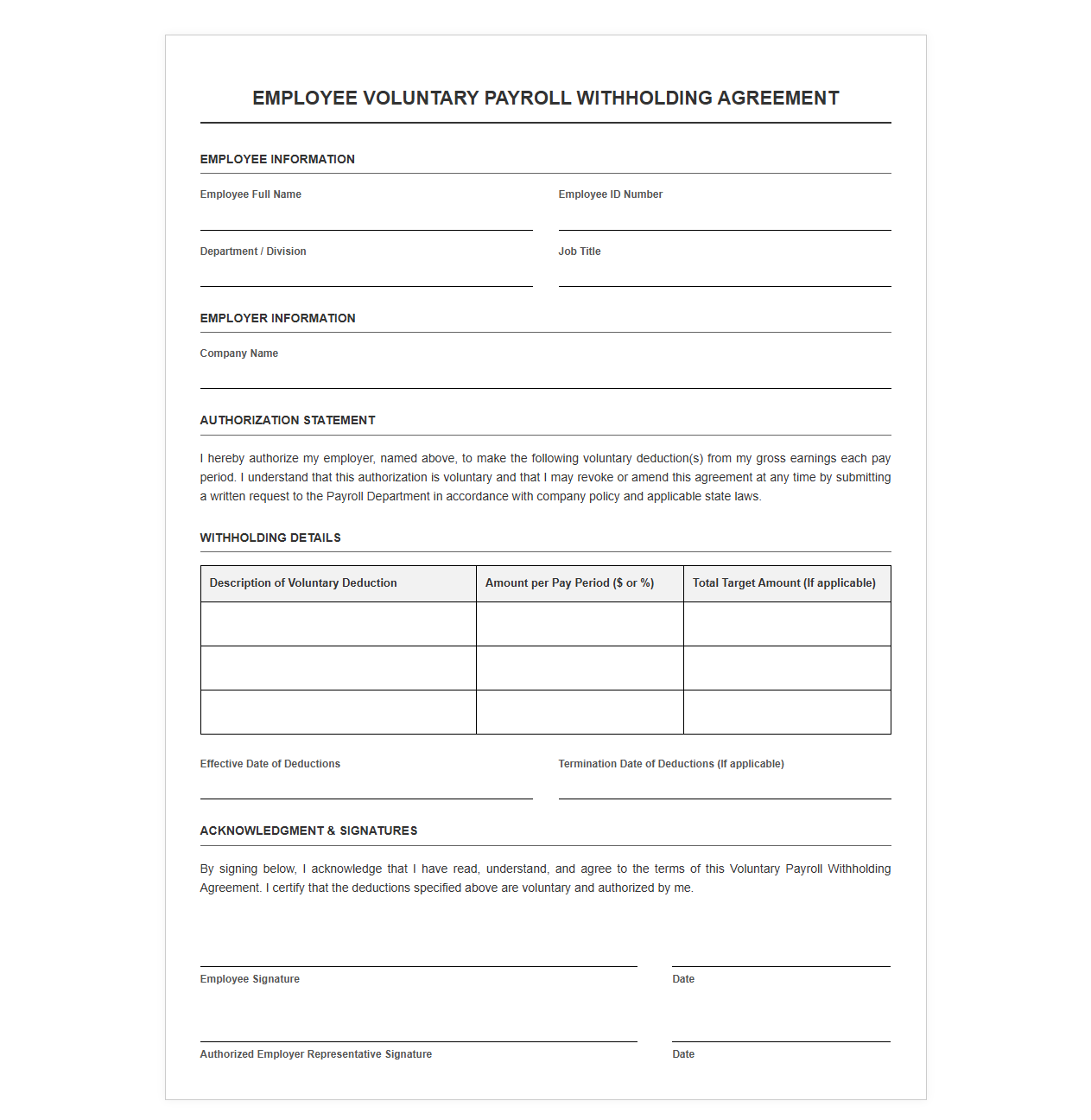 Employee Voluntary Payroll Withholding Agreement