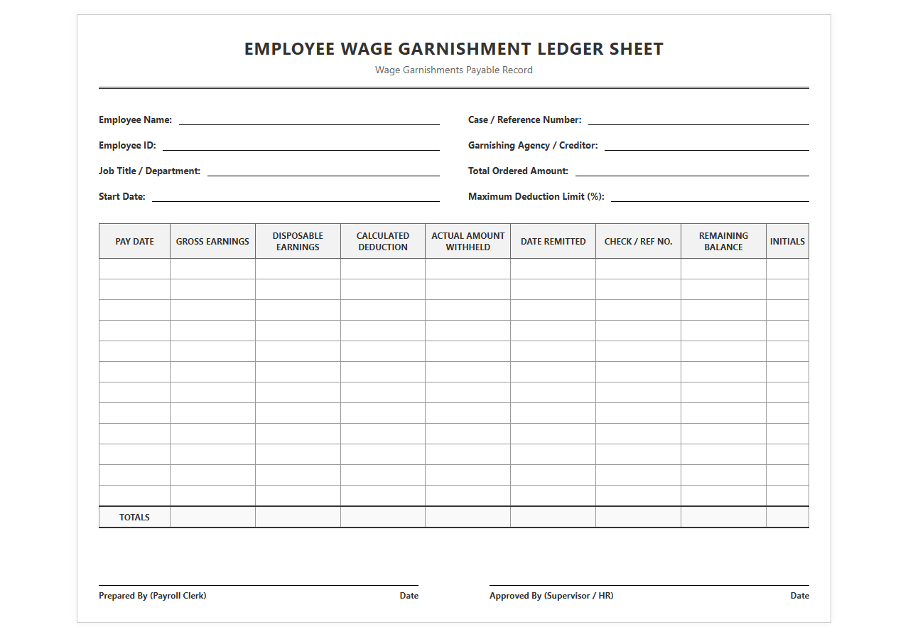 Employee Wage Garnishment Ledger Sheet